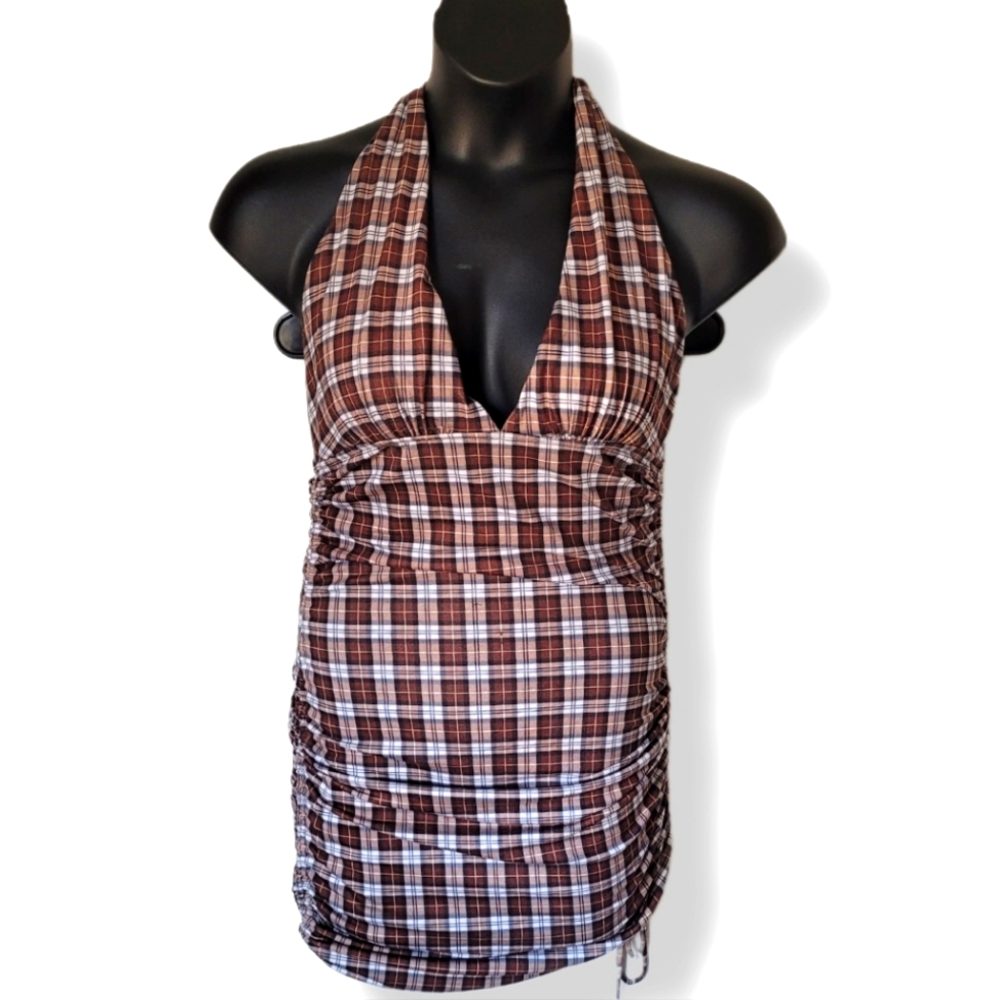 BETTER BE BROWN WHITE PLAID HOLTER TOP DRESS WITH ADJUSTABLE SIDES
